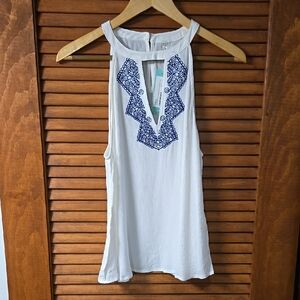 Embroidered White Sleeveless Halter Top Small
